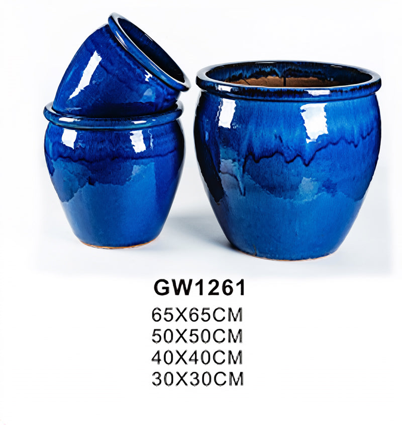 Pot de Jardin en Céramique Émaillée Bleu, 3 tailles