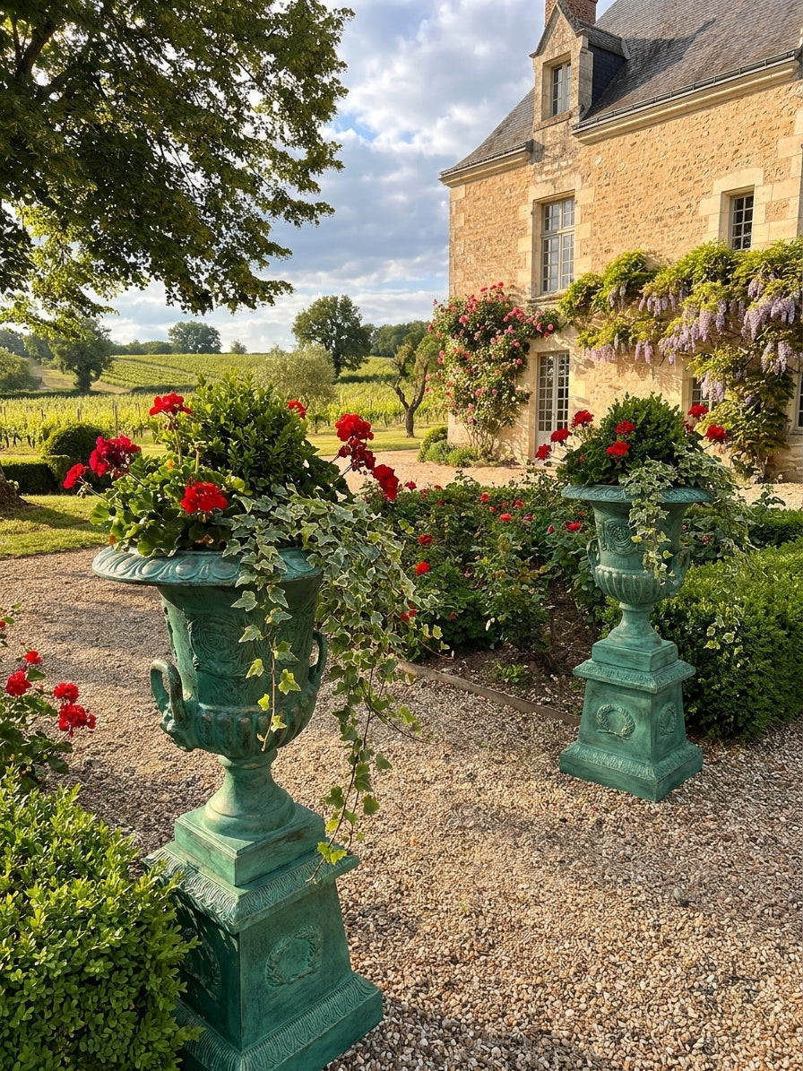 Grand ensemble Vert de Gris Pot Jardin -Pierre Reconstituée - 9.8kgs  Ø49 x H106 cm