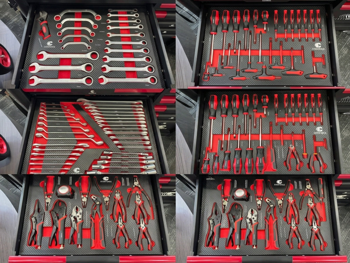 Servante d'atelier 12 tiroirs - L111*D48*H101cm -293 outils CRV, plateau bois