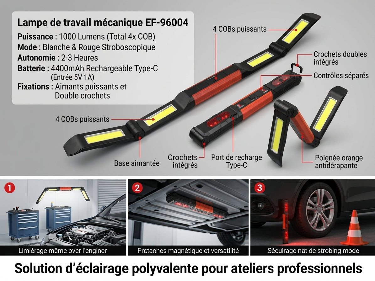 Lampe de travail pliable 1000 lm, 4 COB, magnétique, USB-C