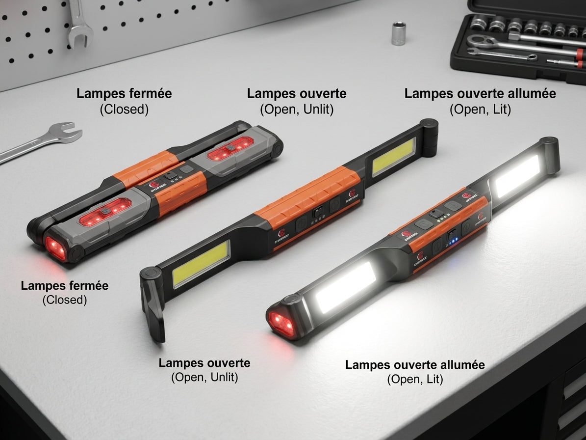 Lampe de travail pliable 1000 lm, 4 COB, magnétique, USB-C