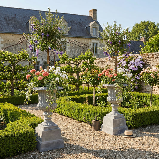 Grande Urne de Jardin en Fonte sur Piédestal · 48×90cm · Patine Plomb · Livraison incluse