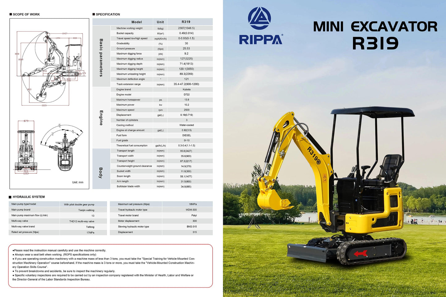 Mini Pelle Hydraulique R319 — Moteur Kubota · Euro 5 · CE