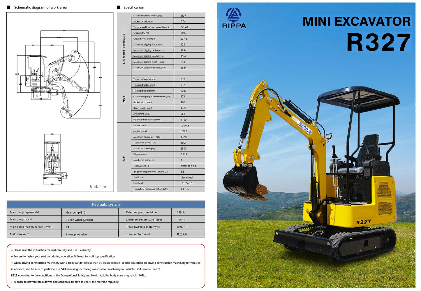 Mini Pelle Hydraulique R327 — Moteur Kubota · Euro 5 · CE