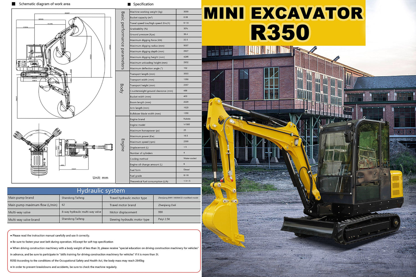 Mini Pelle Hydraulique R350 — Moteur Kubota · Euro 5 · CE
